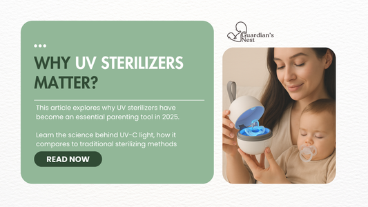 Mother holding a UV sterilizer with a glowing blue light while sitting with her baby, highlighting safe pacifier sterilization at home in 2025
