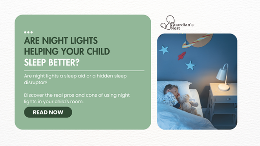 Child sleeping peacefully in a dimly lit bedroom with soft white night light and space-themed wall decor — representing the impact of night lights on children's sleep quality, featured in Guardian’s Nest parenting blog.