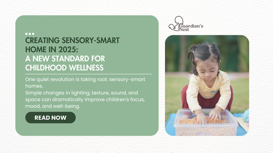 Sensory play for toddlers in a 2025 sensory-smart home setup – child focused on tactile activity outdoors. Guardian’s Nest parenting blog promotes sensory-friendly spaces for improved behavior, focus, and child wellness.