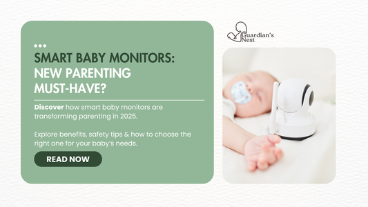 Close-up of a sleeping baby with a modern smart baby monitor camera beside them, highlighting safe sleep monitoring and tech-enabled parenting in 2025.