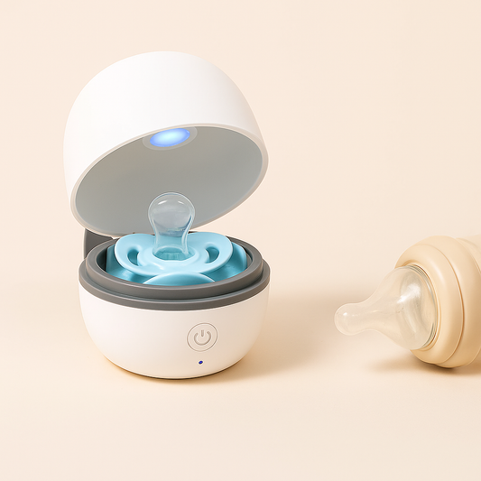 UV sterilizer device in use with open lid, showing pacifier inside being sanitized under blue light.