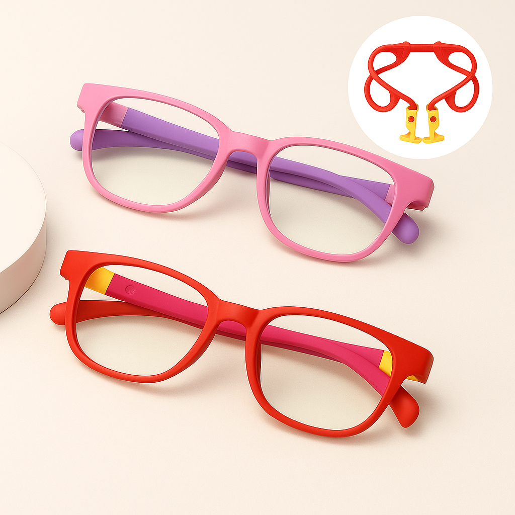Two pairs of colorful children's blue light blocking glasses (one red, one pink) displayed on a pastel blue background, showcasing their flexible, anti-slip design ideal for screen protection.