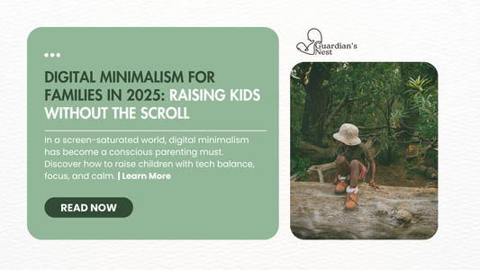 Child exploring nature while seated on a log, representing digital minimalism and tech-free parenting promoted by Guardian’s Nest.